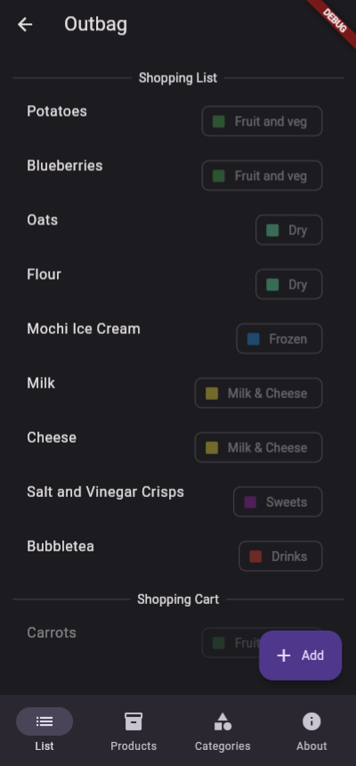 Screenshot of shopping list screen